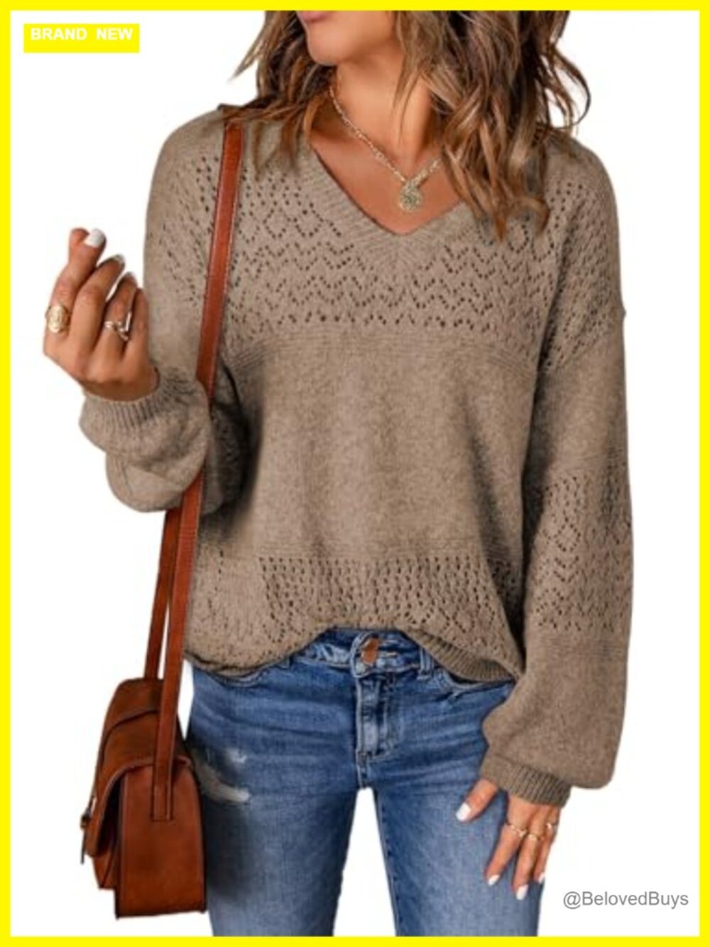 Crochet Hollow Out Long Sleeve V Neck Pullover Sweater Lightweight